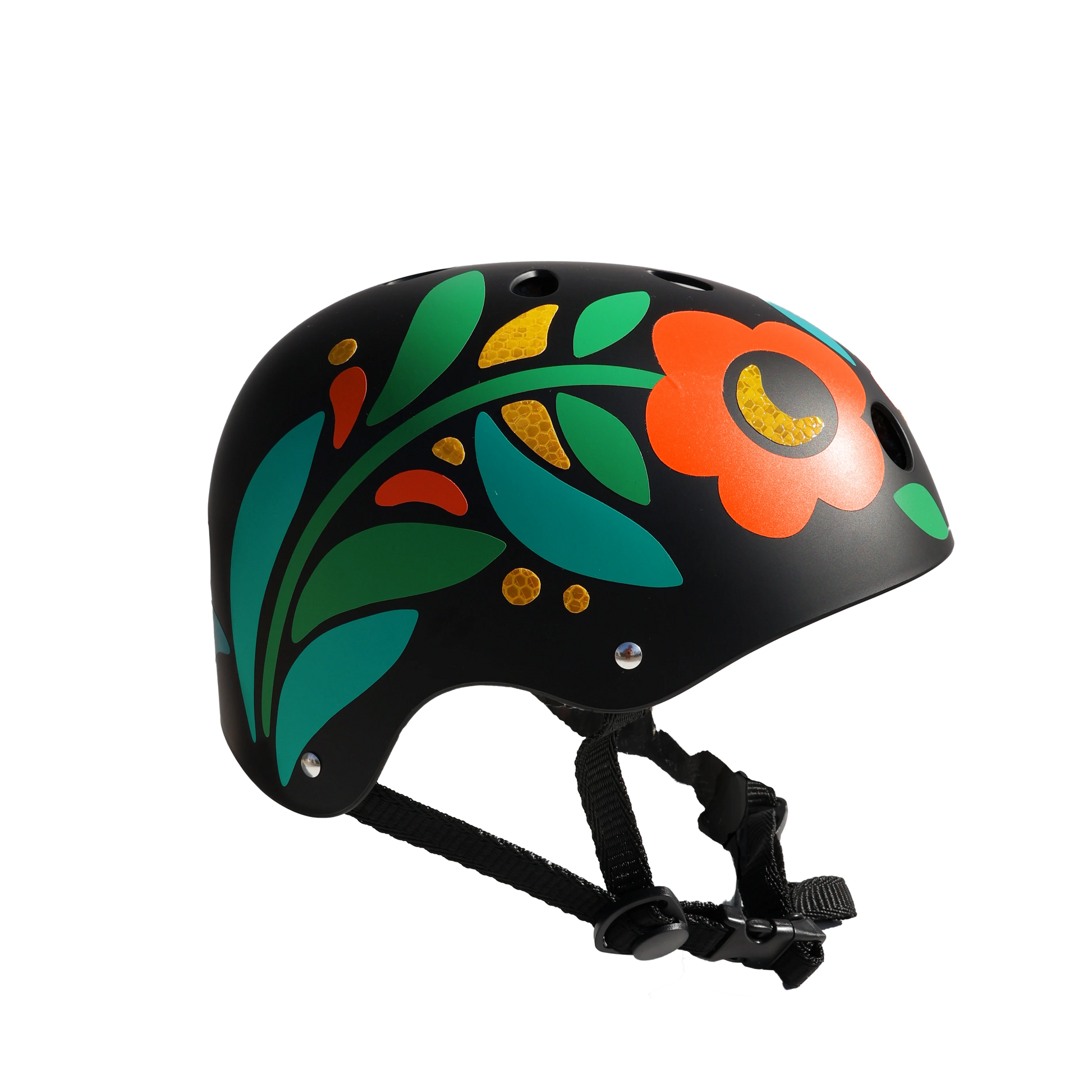 A black bicycle or skate helmet decorated with a retro 1970s-style floral pattern featuring teal, green, orange, and yellow leaves and flowers, shown against a plain background.